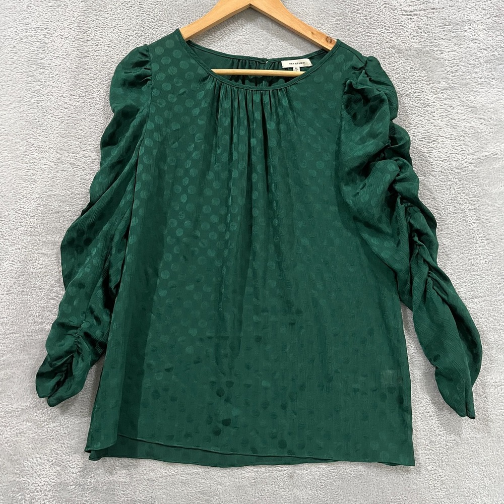 Max Studio Blouse Top Womens Medium Green Polka Dot Ruched Sleeve Keyhole Back